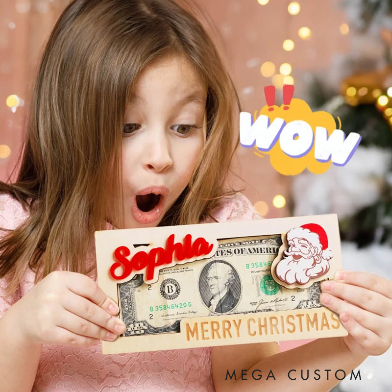 Personalized Wooden Christmas Santa Elk Money Holder with Engraved Text Unique Money Card Christmas Gift for Kids Family