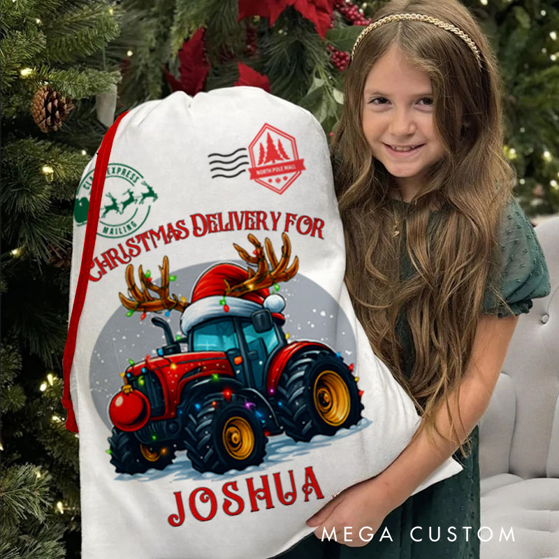 Personalized Festive Tractor Christmas Bag with Reindeer Antlers and Name for a Joyful Holiday Delivery