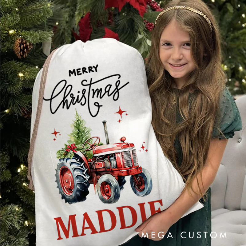 Personalized Merry Christmas Truck Drawstring Canvas Gift Bag with Name Christmas Party Gift for Kids Family