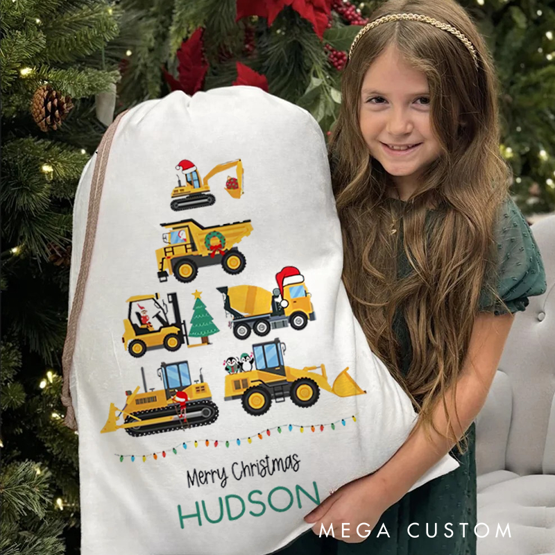Personalized Merry Christmas Tractor Drawstring Canvas Gift Bag with Name Christmas Party Gift for Kids Family