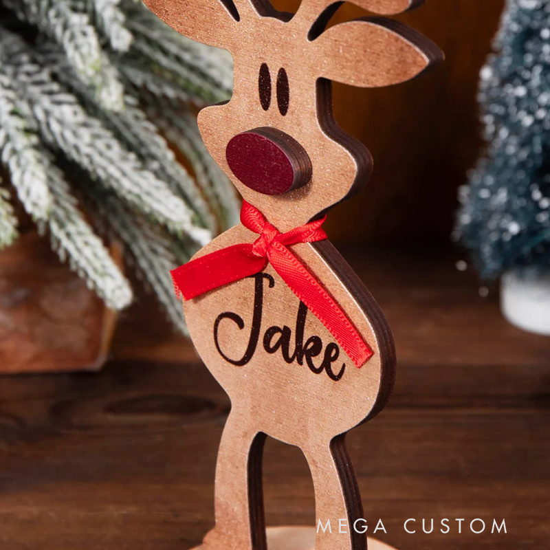 Personalisiertes Holz-Rentier mit Roter Nase und Schleife Tischdeko mit Namen Weihnachtsdeko Party Weihnachtsgeschenk für Familie Kinder