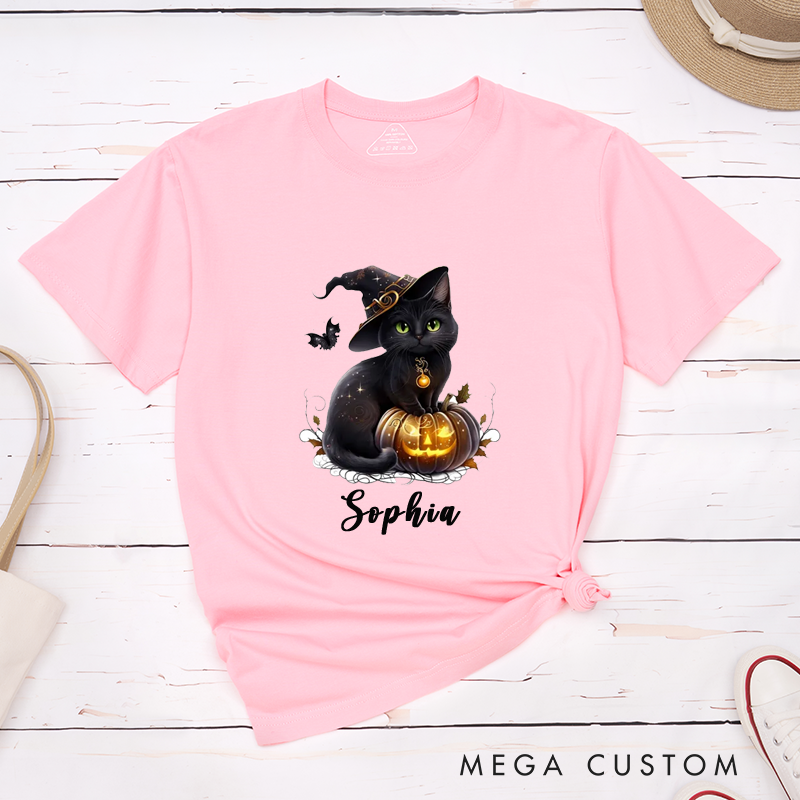 Personalized Halloween Black Cat Witch Hat Pumpkin Classic T-Shirts Custom Name Gift for Cat Lovers Women Men Unique Spooky Cute Pet Tee for Birthday