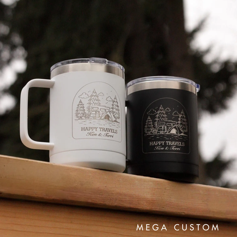Personalized Happy Travels Camp Mug Custom Travel Coffee Mug for Family Trips Happy Camper Cup Adventure Is Calling Couple Gift