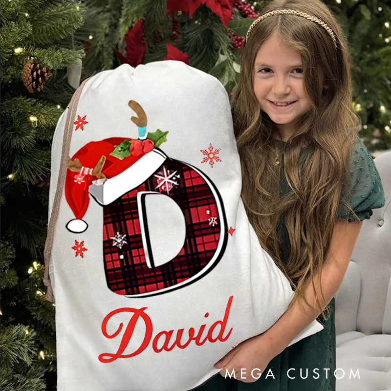 Personalized Plaid Initial Christmas Bag with Festive Santa Hat and Custom Name for Holiday Gift Giving