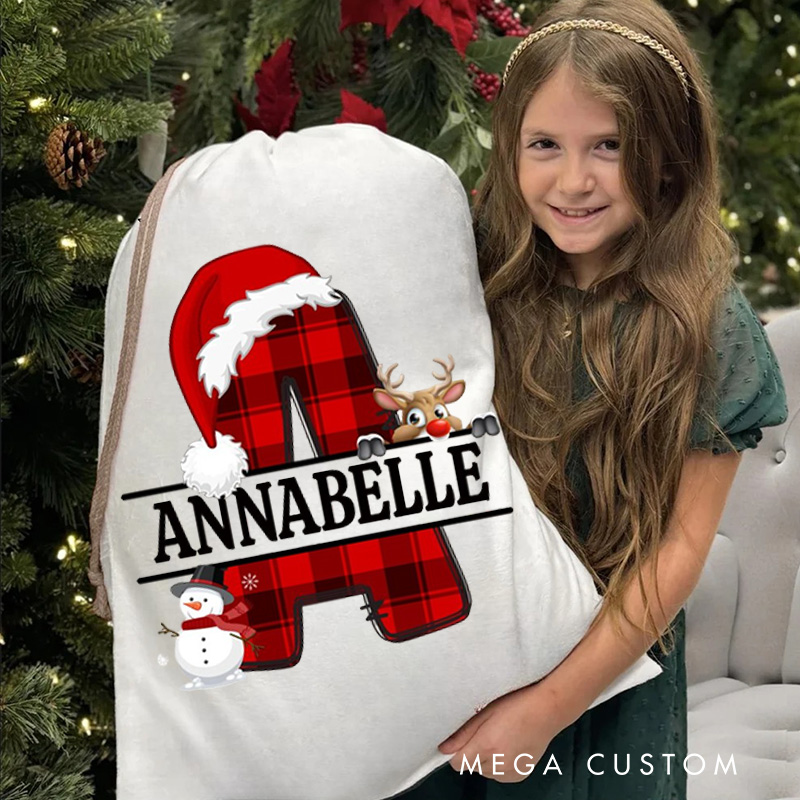 Personalized Plaid Initial Christmas Bag with Santa Hat Reindeer and Snowman Accents for Holiday Joy
