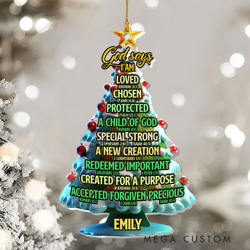 Personalized God Says I am Bible Verses Christmas Tree Acrylic Ornament with Name Holiday Tree Decor Christmas Gift for Christian