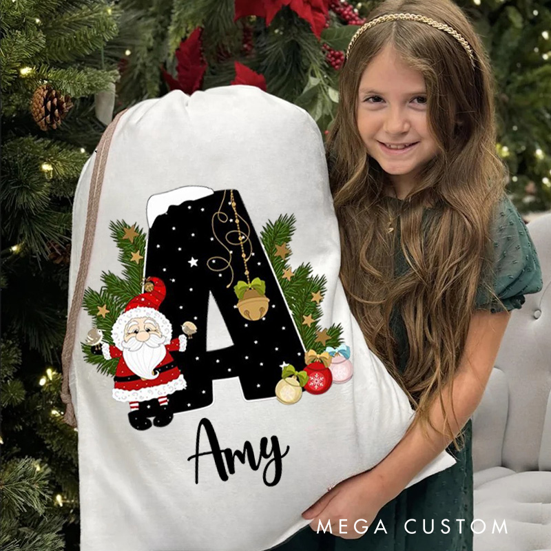 Personalized Elegant Initial Christmas Bag with Festive Decorations and Custom Name for Holiday Gift Giving