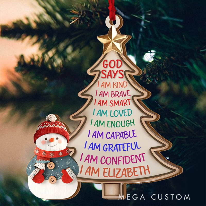 Personalized God Says I am Snowman Christmas Tree Ornament with Name 2-Layered Wooden Family Hanging Decoration Christian Gift for Christmas