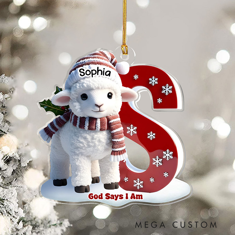 Personalized God Says I am Lamb Acrylic Ornament with Name and Initial Holiday Tree Decor Christmas Gift for Christian