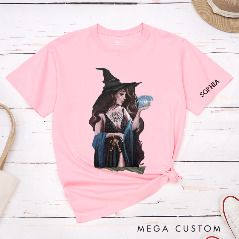 Personalized Witch T-Shirt Classic Unisex Custom Name Magic Sorceress Gift for Women and Men Unique Tarot Fortune Teller Halloween Birthday Present 
