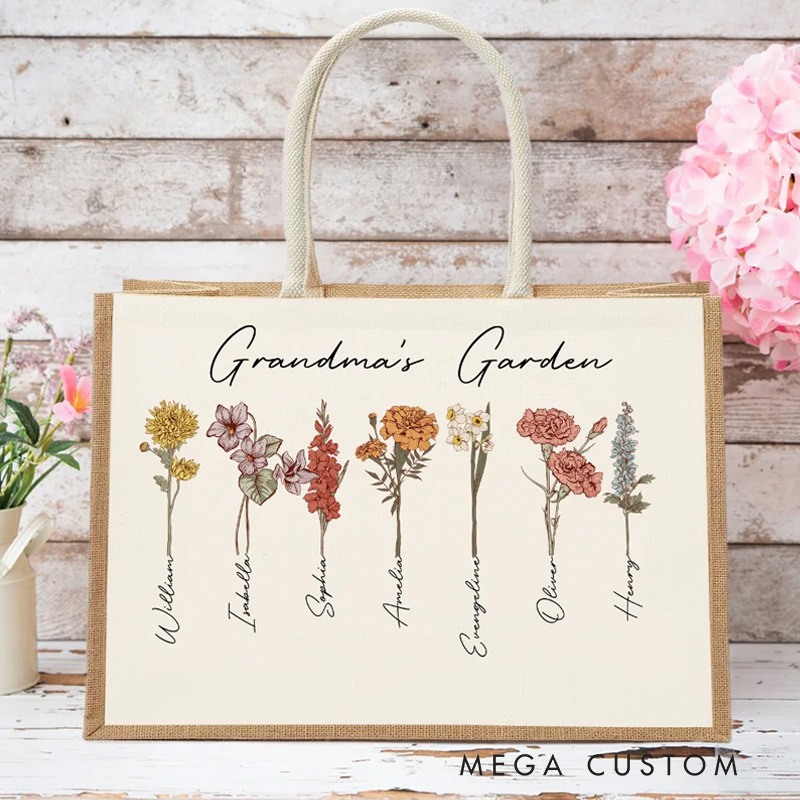 Personalized Birth Flowers Garden Jute Tote Bag with Names Birthday Mother's Day Gift for Woman Gardening Lovers Gift 