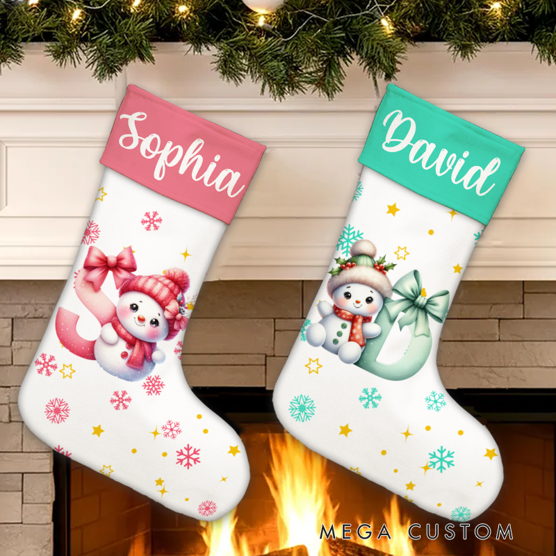 Personalized Cute Cartoon Santa Hat Snowman Initial Christmas Stocking with Name Christmas Gift