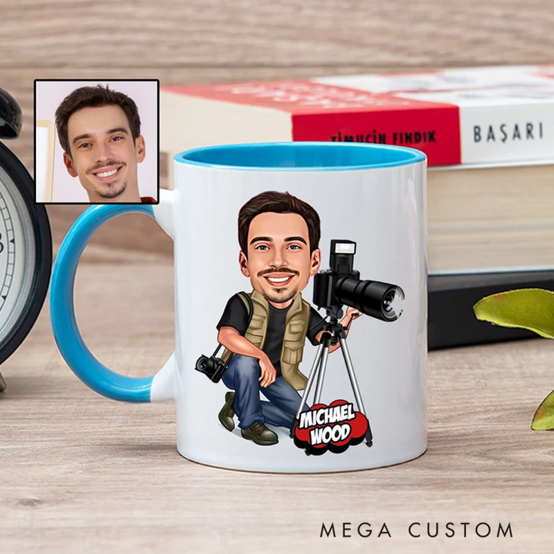 Personalized Photographer Coffee Mug With Caricature From Photo Funny Photographer Gift for Men and Women Photographer Camera Themed Gift Ideas