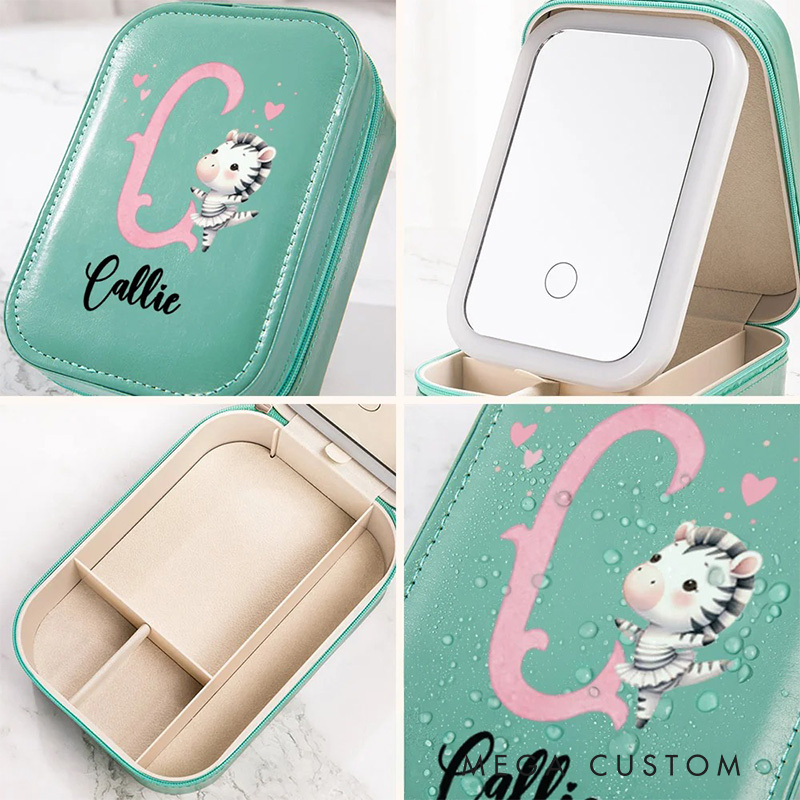 Personalized Cute Animal Ballerina Leather Jewelry Box with LED Makeup Mirror Hair Pin Case Birthday Wedding Gift for Women