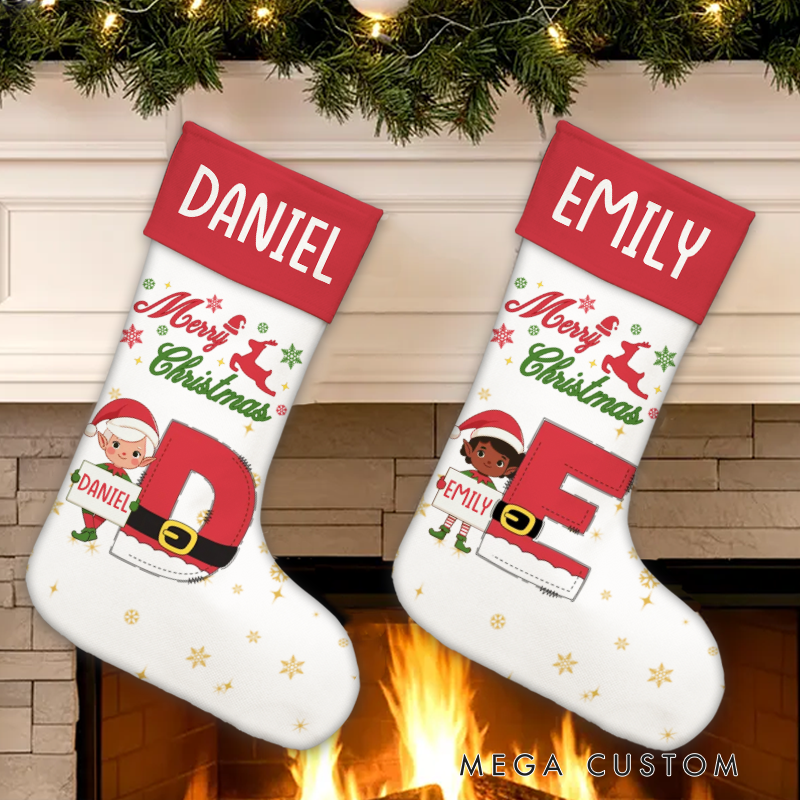 Personalized Christmas Elf Christmas Stocking with Name and Initial Christmas Party Gift