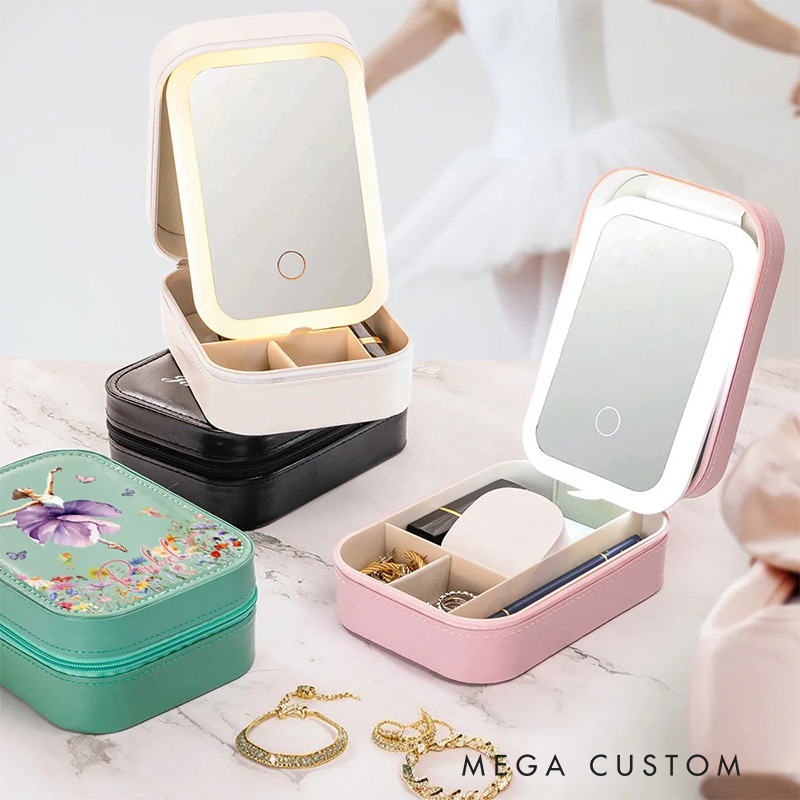 Personalized Birth Flower Butterfly Ballet Girl Leather Jewelry Box with LED Makeup Mirror Hair Pin Case Birthday Wedding Gift for Women