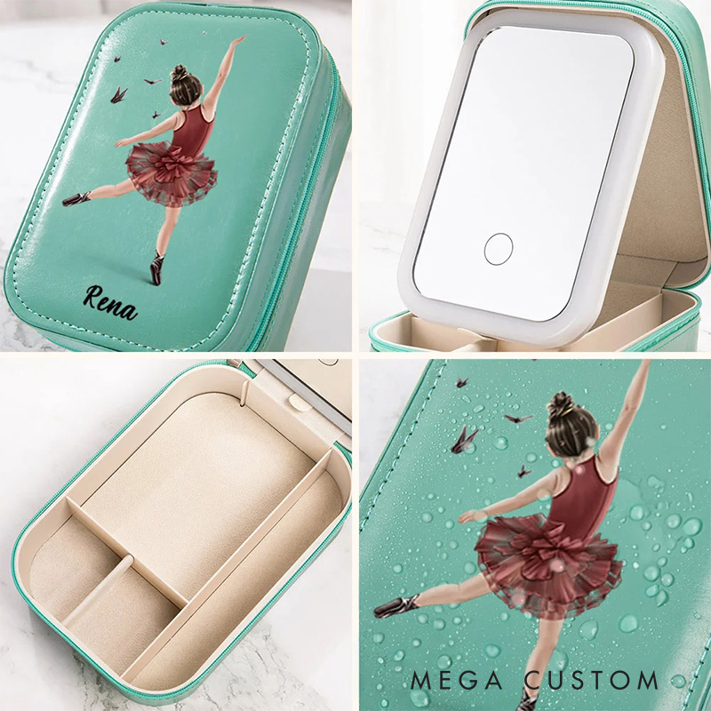 Personalized Cartoon Ballet Girl Leather Jewelry Box with LED Makeup Mirror Hair Pin Case Birthday Wedding Gift for Women