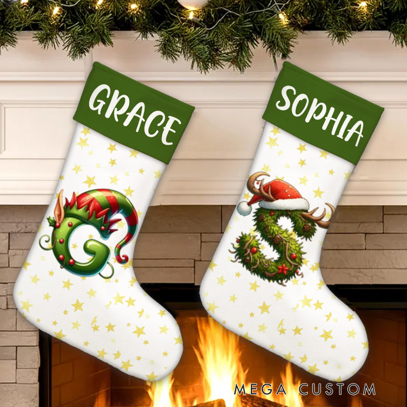 Personalized Christmas Tree Snowman Elf Christmas Stocking with Name lnitial Christmas Party Favors Gift