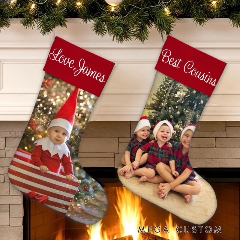 Personalized Cute Christmas Stocking with Photo and Name Christmas Tree Decoration Gift for Kids Family