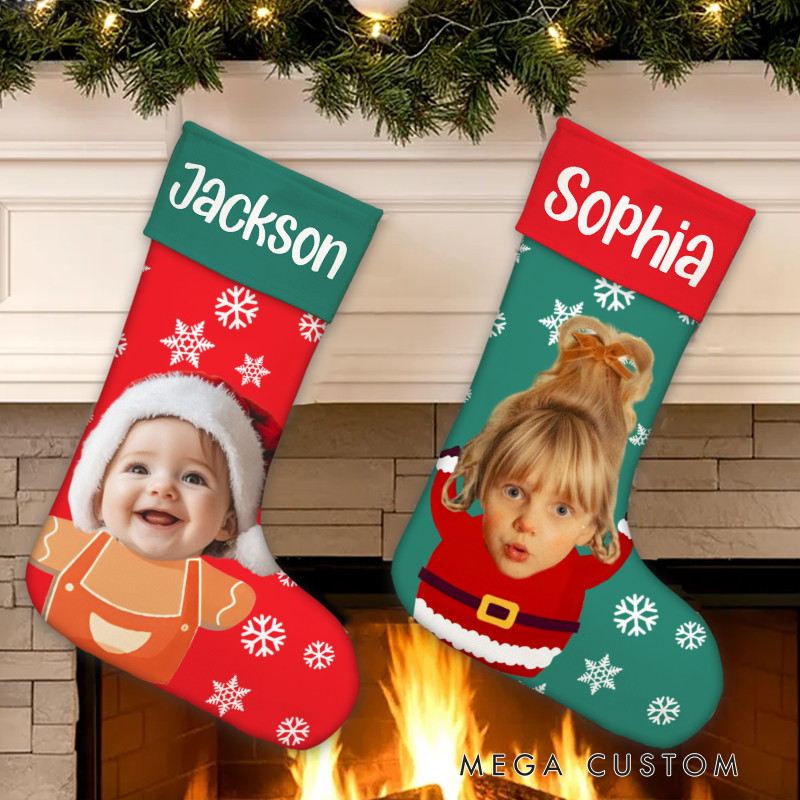 Personalized Cute Snowflake Snowman Christmas Stocking with Photo Name Christmas Tree Decor Gift for Family Friends