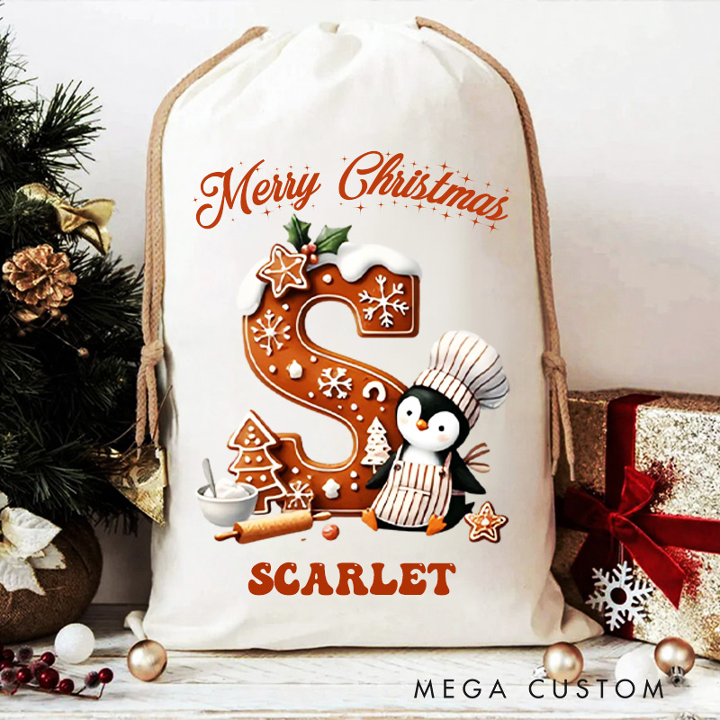 Personalized Gingerbread Penguin Alphabet Christmas Bag with Name Gingerbread Christmas Sack Holiday Santa Sack for Baking Lovers Christmas Gift