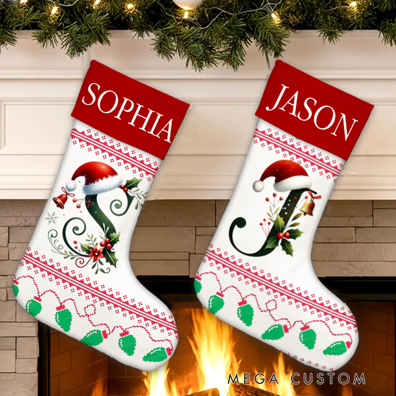 Personalized Bell Santa Hat Initial Christmas Stocking with Name Text Christmas Party Gift