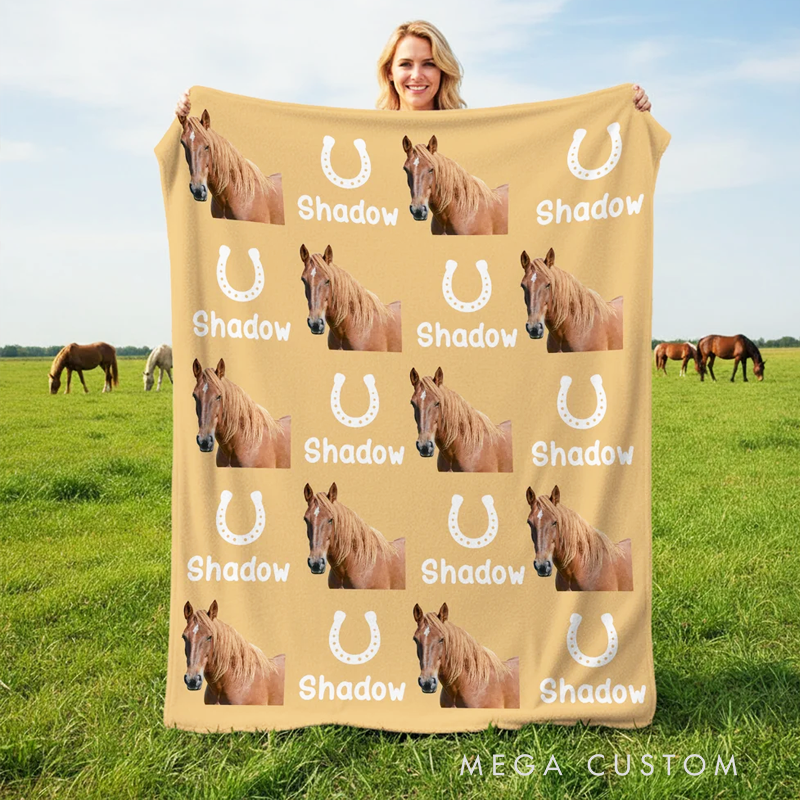 Personalized Horseshoe Horse Face Photo Multicolor Soft Throw Blanket with Name Birthday Anniversary Gift for Horse Owner Lover