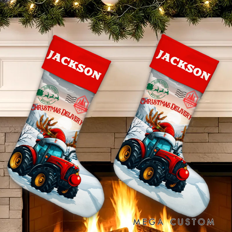 Personalized Festive Tractor and Reindeer Christmas Stocking with Custom Name for Holiday Cheer