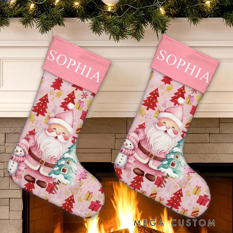 Personalized Pink Santa and Snowman Christmas Stocking with Custom Name for Festive Holiday Decor