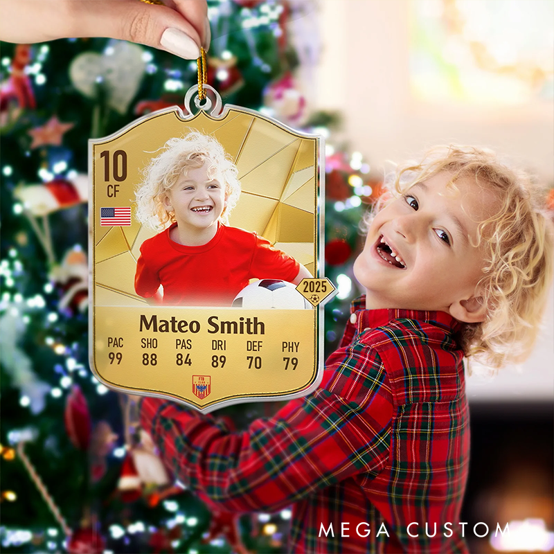 Personalized Soccer Card Acrylic Christmas Ornament with Custom Photo, Name, and Stats Design