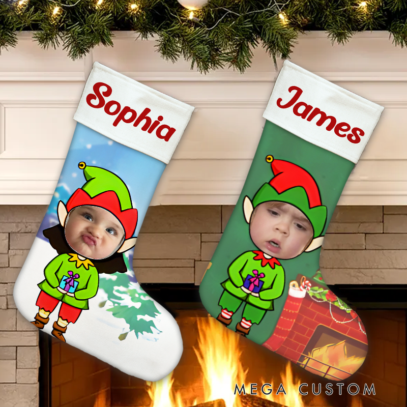 Personalized Elf Photo Christmas Stocking with Custom Name for Playful and Personalized Holiday Fun