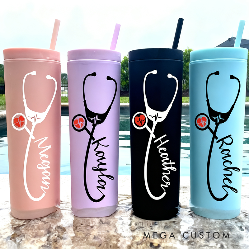 Personalized Nurse Tumbler with Straw Stethoscope RN Nurse Gift Doctor Gift Nurse Assistant Heartbeat Nursing Student