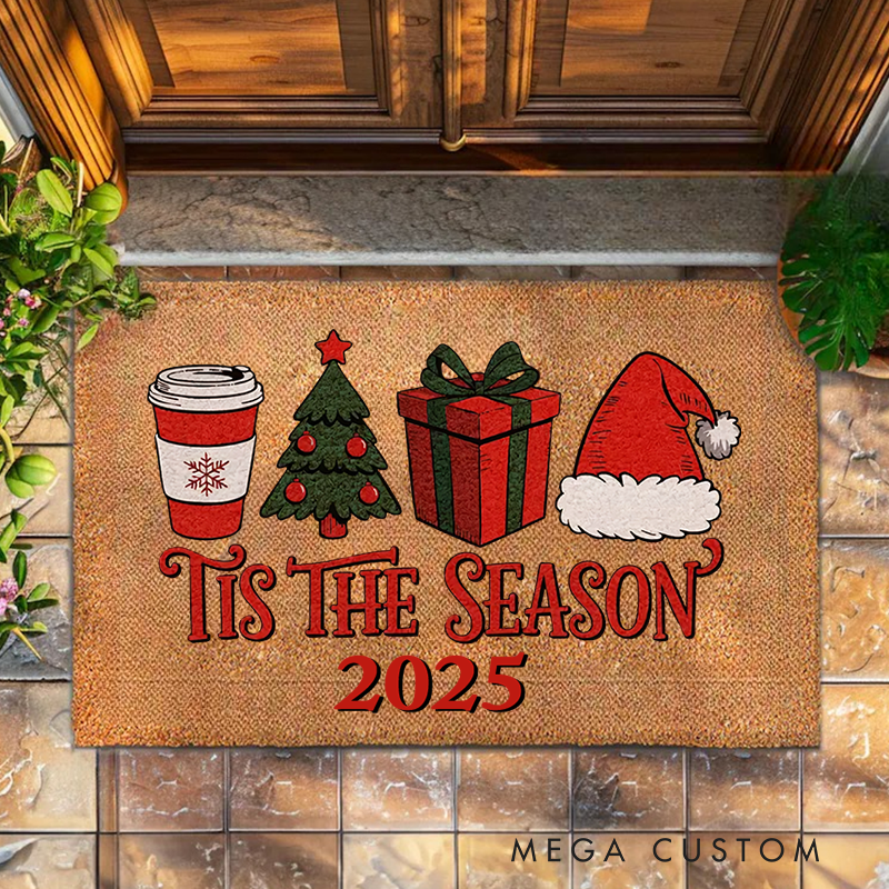 Personalized Tis The Season Christmas Doormat Holiday Welcome Mat with Christmas Tree Santa HatFestive Front  Winter Decoration Christmas Door Decor