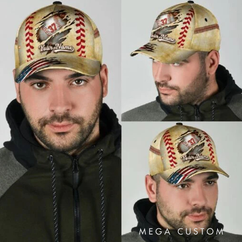 Personalized Baseball Cap with Torn Design Custom Name Number and Flag Details  