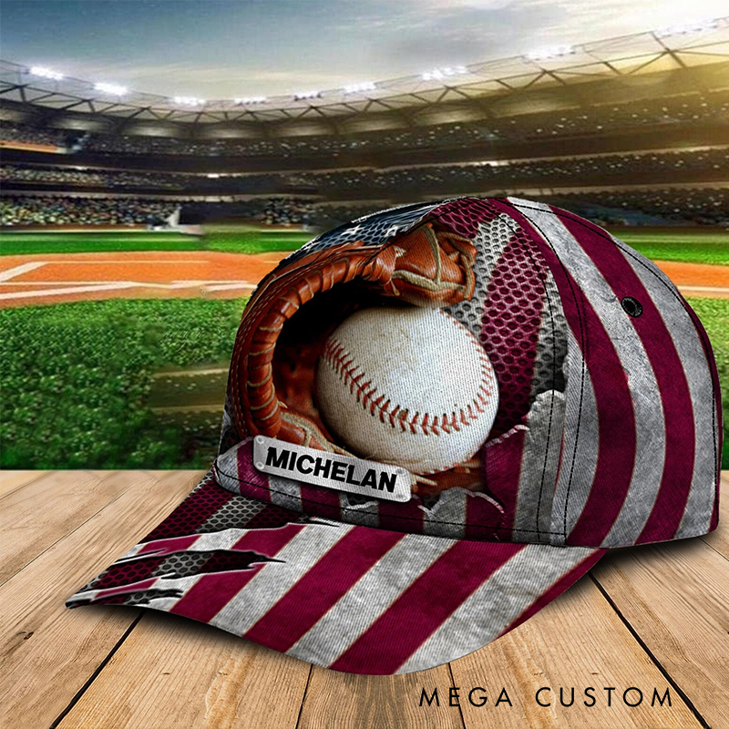Personalized Baseball Hat Featuring 3D Baseball Glove and American Theme and Custom Name & Number  