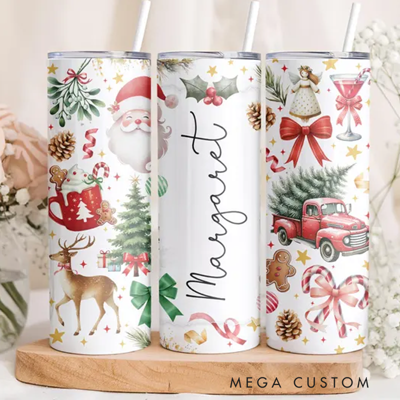 Personalized Name Santa Tumbler 20oz Merry Christmas Skinny Tumbler With Lid and Straw New Year Holiday Gift Xmas Tumbler Cup
