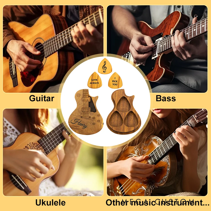 Personalized Wooden Guitar Picks with Storage Case Engraved Holder Box for Pick Set Gift for Guitar Player Musician Birthday Gift Idea