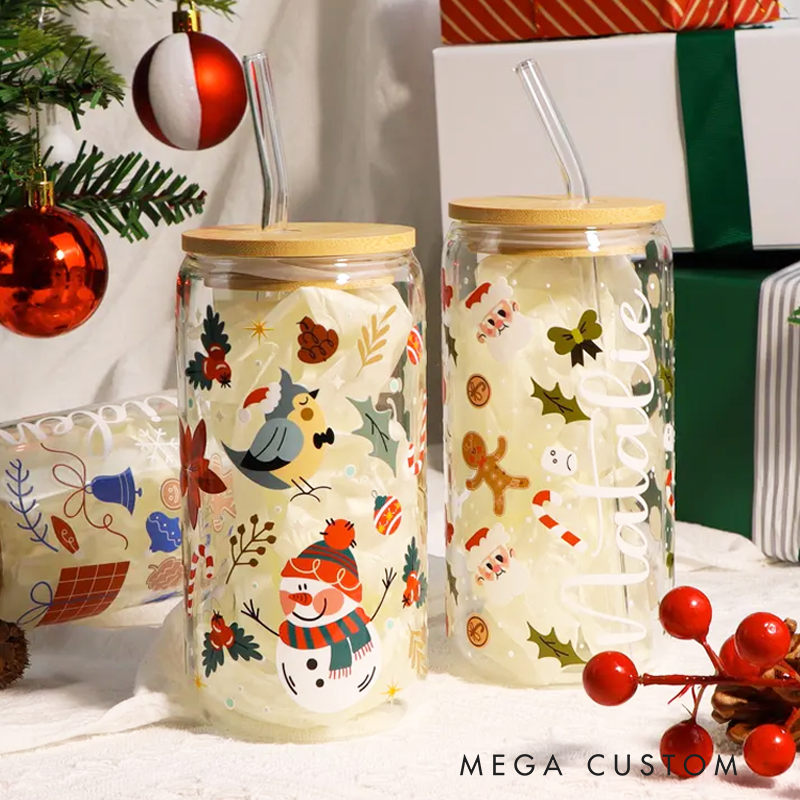 Personalized Christmas Tree Snack Glass Iced Coffee Cup with Lid