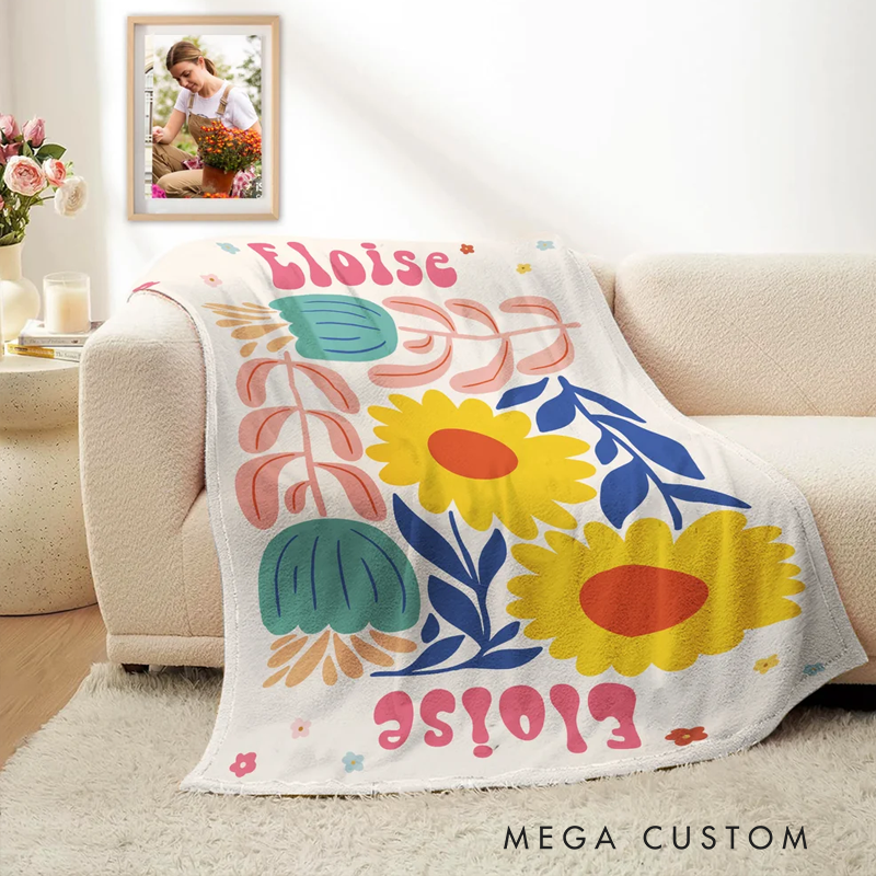 Personalized Retro Boho Watercolor Danish Floral Soft Throw Blanket with Name Home Decor Birthday Holiday Gift for Friends Family