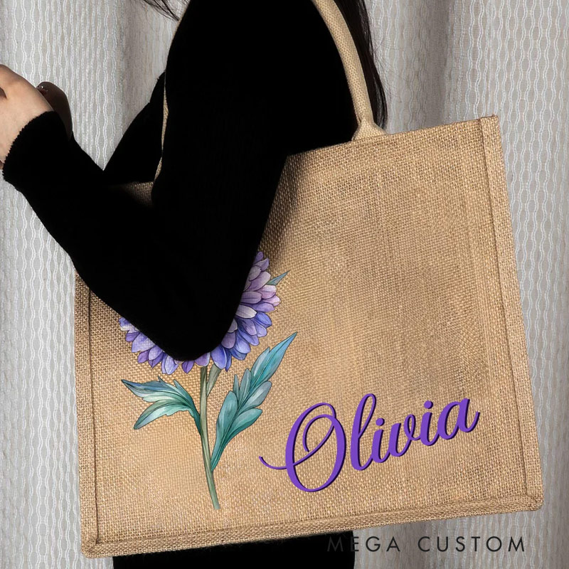 Personalized Retro Oil Painting Birth Flower with Birthstone Custom Name Jute Tote Bag Travel Gift Mother's Day Gift Gardening Lovers Gift 