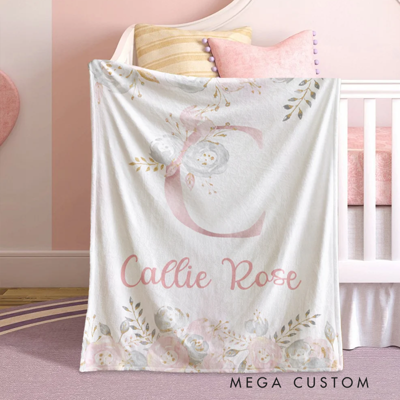 Personalized Pink Floral Soft Throw Blanket with Initial and Name Birthday Baby Shower Gift for Baby Girls