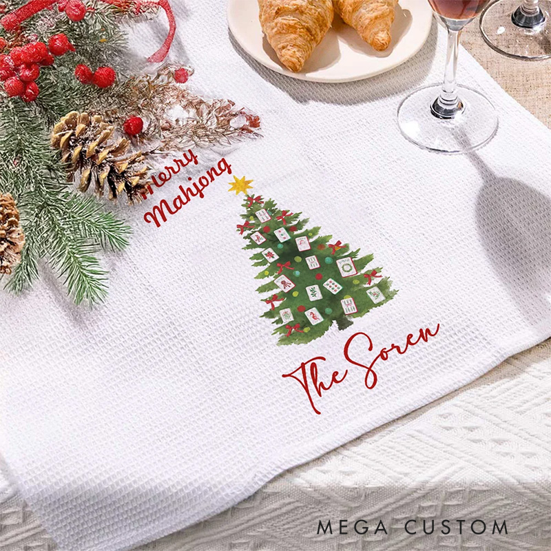 Personalized Bow Garland Christmas Tree Mahjong Waffle Kitchen Towel with Name Baking Tea Dish Towel Holiday Christmas Gift for Family Friend Baking Lover Gift