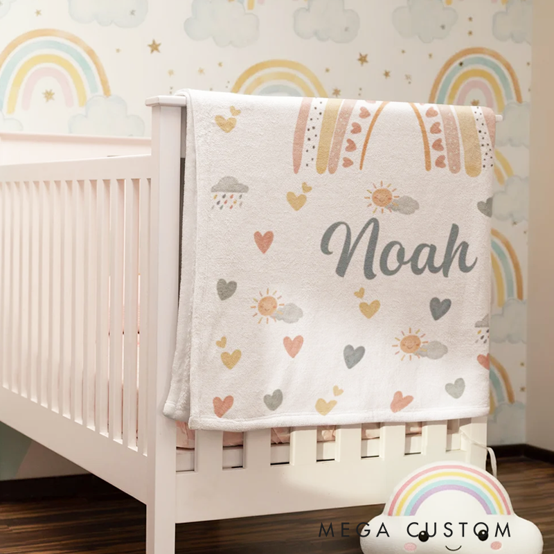 Personalized Heart Cloud Smiling Sun Rainbow Soft Throw Blanket with Name Home Decor Christmas Birthday Gift for Kids