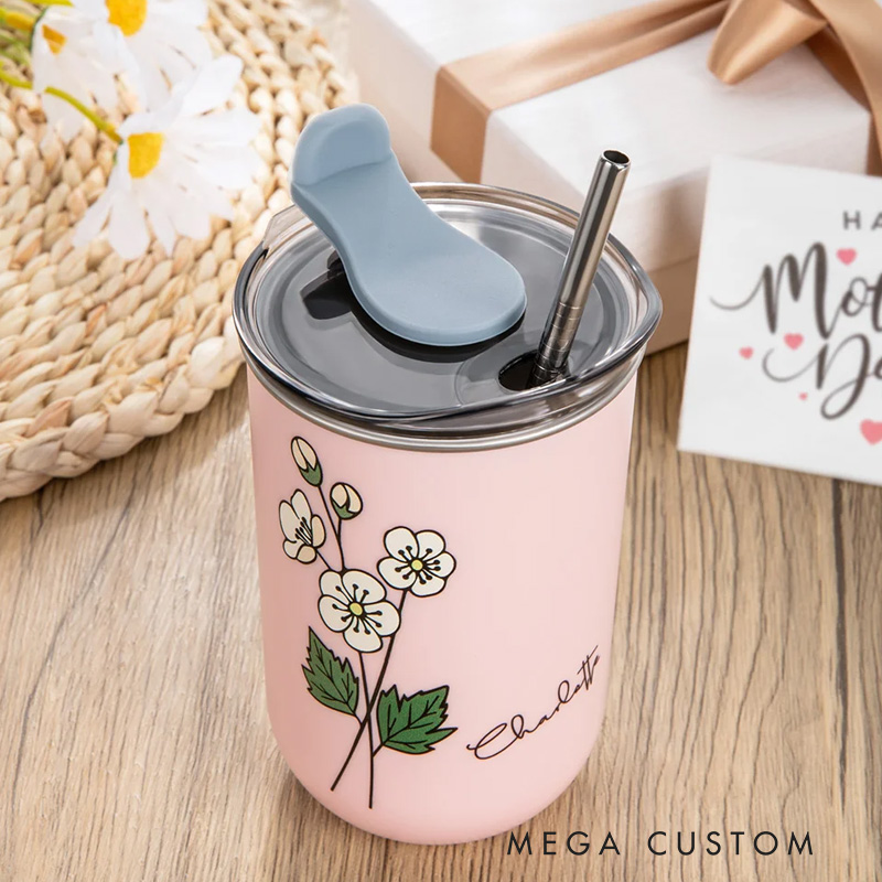 Personalized Watercolor Birth Flower Tumbler with Name Insulated Coffee Straw Tumbler Housewarming Birthday Party Favor Gift Trip Girl  Gift 