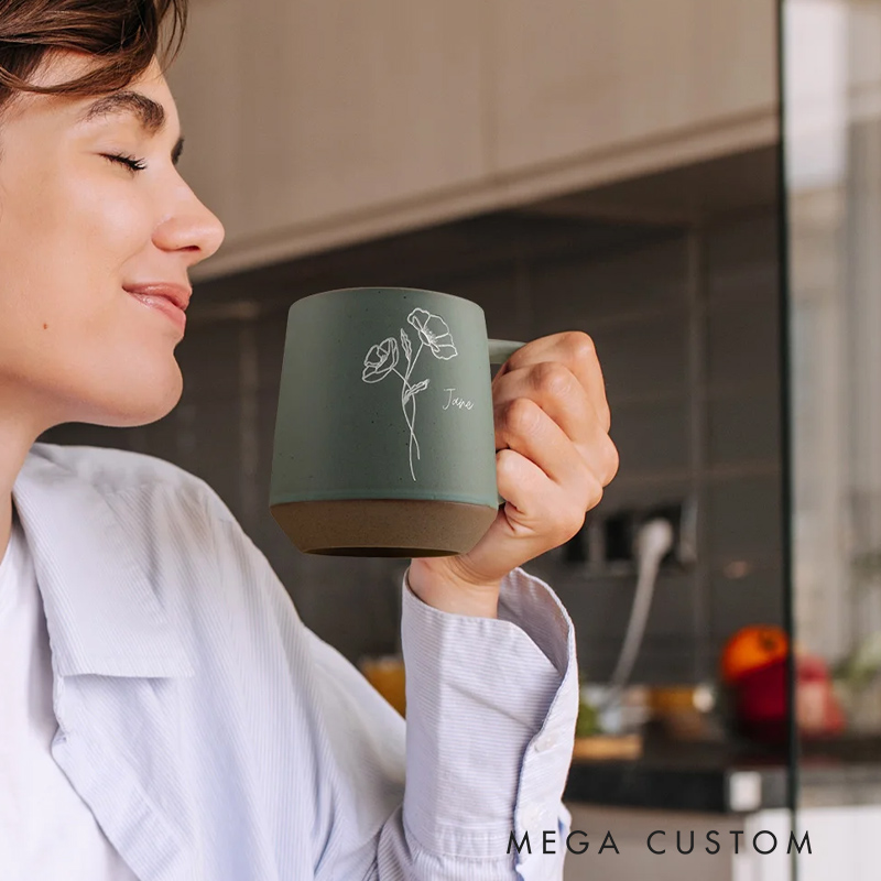 Personalized Birth Flower 12oz Mug Retro Handmade Stoneware Coffee Tumbler with Name Housewarming Birthday Mother's Day Gift for Mom Grandma