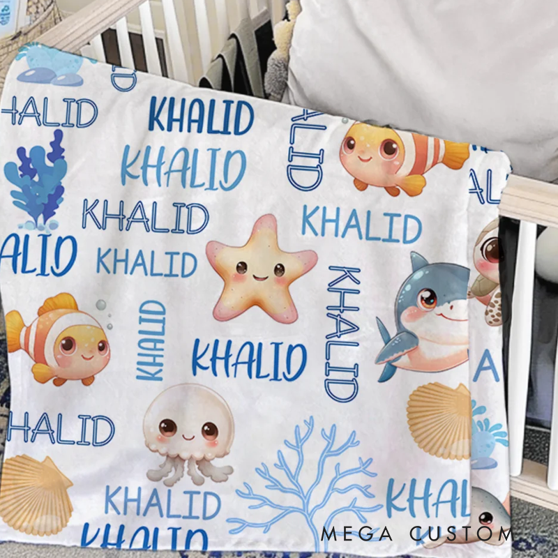 Personalized Cute Marine Animals Design Soft Throw Blanket with Name Home Decor Birthday Christmas Gift for Boys Girls