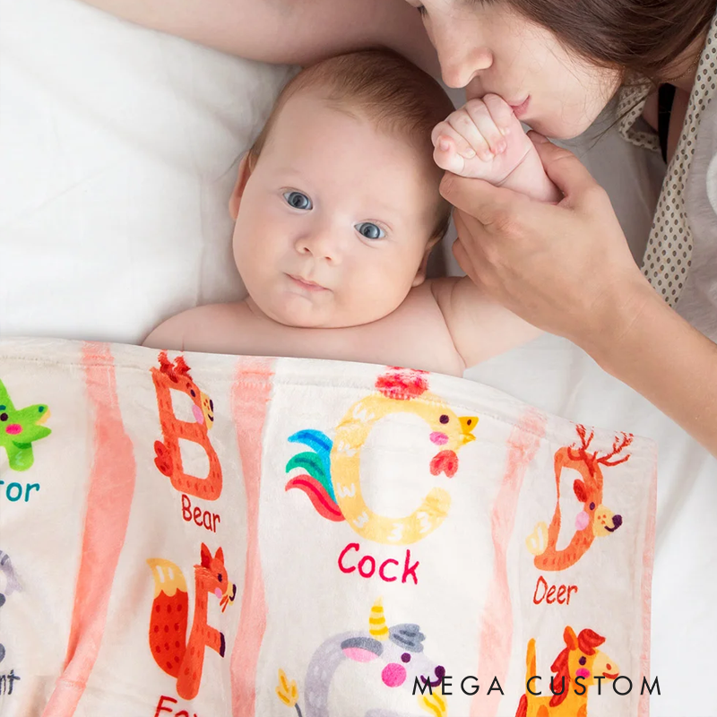 Personalized Zoo Alphabet Enlightenment Education Fleece Soft Blanket with Name Gift for Baby Kid