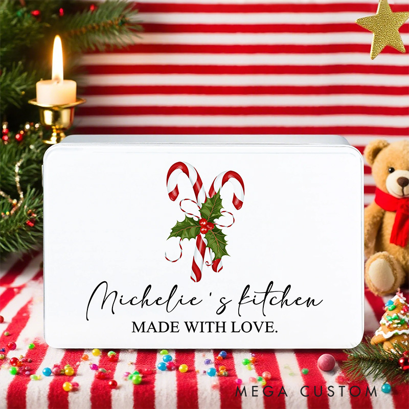 Personalized Christmas Candy Cane Metal Biscuit Tin Box with Text Christmas Gift for Family Kids Baking Lover Gifts
