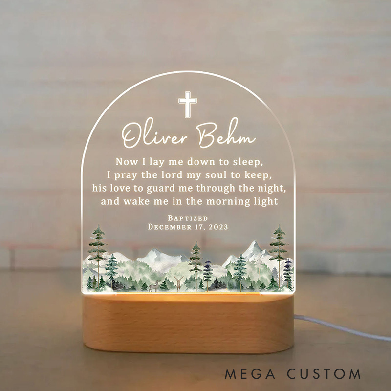 Personalized Cross Mountain Baptism LED Night Light with Wooden Base with Name and Date Nursery Decor Baptism Christening Dedicated Gift for Boy