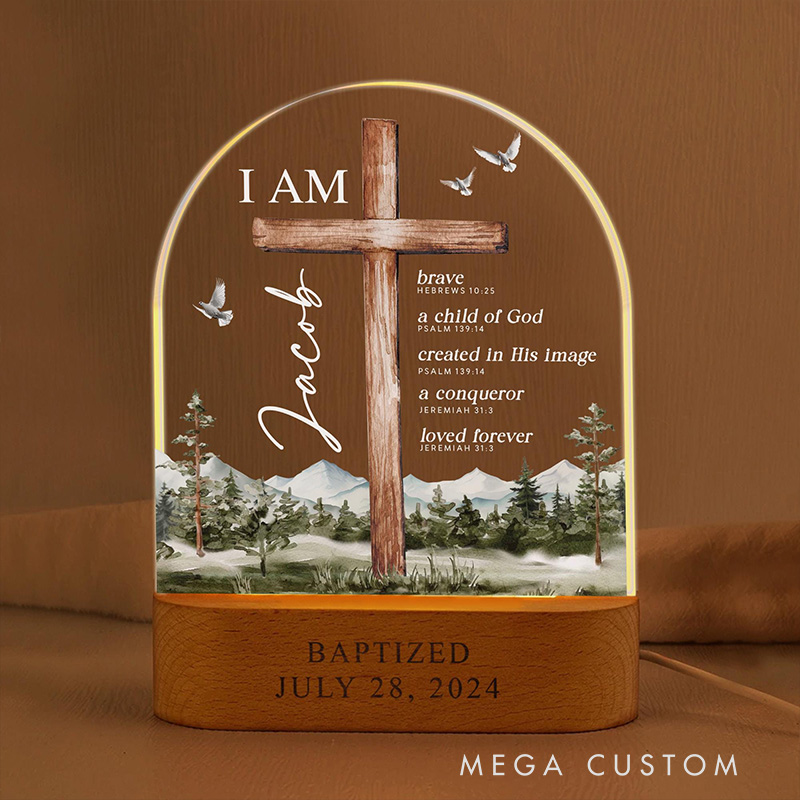 Personalized Cross Mountain Bible Verse Baptism LED Night Light with Wooden Base with Name and Date Nursery Decor Baptism Gift for Godson